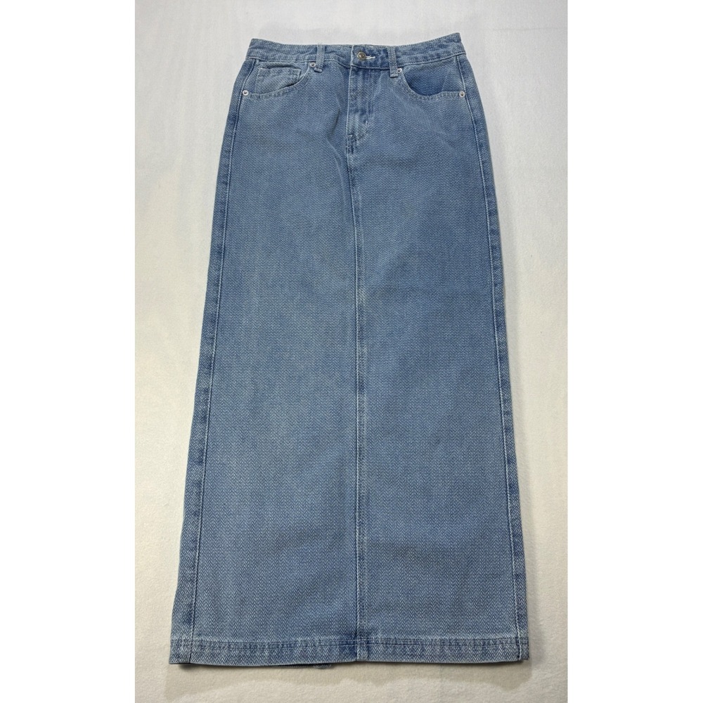 Y2K Women Maxi Skirt Cotton S Blue Herringbone Denim Slit Boho Chic Forever 21